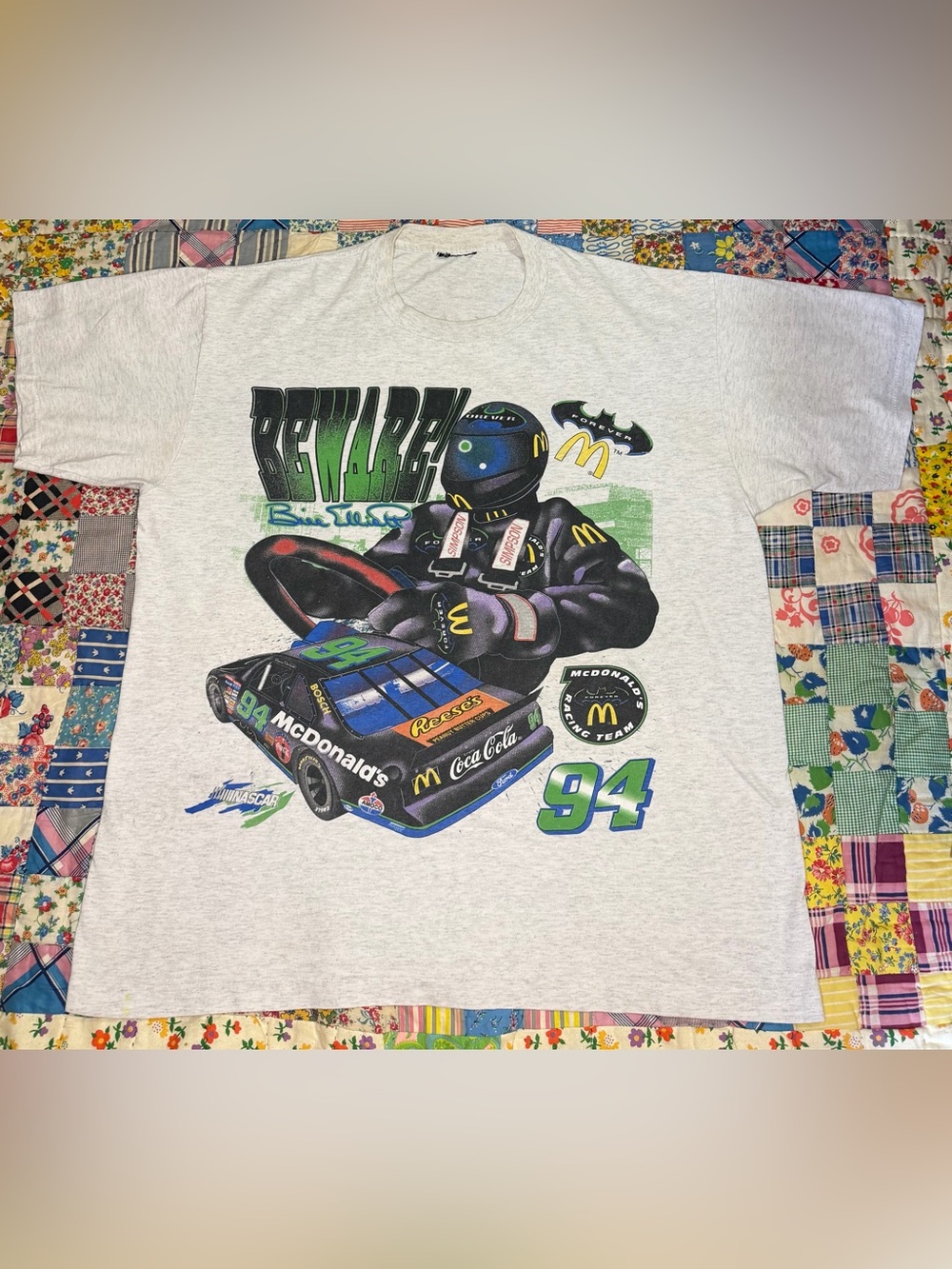 VTG 1995 Bill Elliott McDonald's DC Comics Batman Forever NASCAR Promo Tee XL